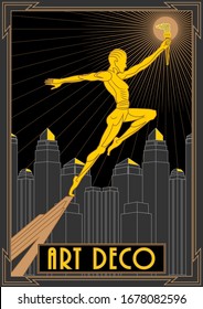 Prometheus with a torch against the background of skyscrapers. Handmade drawing vector illustration. Art deco style poster.