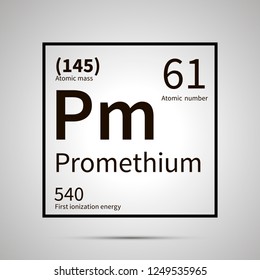 Promethium chemical element with first ionization energy, atomic mass and electronegativity values ,simple black icon with shadow on gray