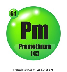 Ícone Promethium. Pm elemento químico. Número atômico 61. Massa 145. Imagem de esfera verde.