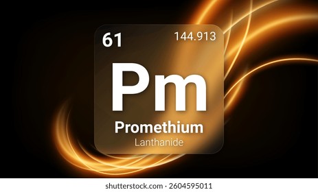Promethium (Pm) (061) Lanthanide, Glass Morphism Element Futuristic Neon Light Glow Background Periodic Table, Chemical Symbol, Name, Atomic Mass, Atomic Number, Vector Illustration