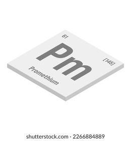 Promethium, Pm, gray 3D isometric illustration of periodic table element with name, symbol, atomic number and weight. Synthetic radioactive element with potential uses in scientific research and
