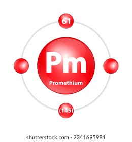 Promethium (Pm) Icon structure chemical element round shape circle light red with surround ring. 3D Illustration vector. Period number shows of energy levels of electron. Study science for education