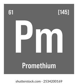 Promécio, Pm, elemento de tabela periódica com nome, símbolo, número atômico e peso. Elemento radioativo sintético com potenciais utilizações na pesquisa científica e na energia nuclear.