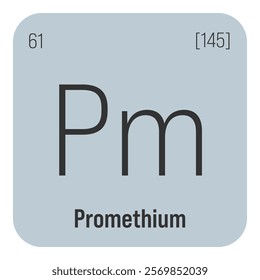 Promethium, Pm, periodic table element with name, symbol, atomic number and weight. Synthetic radioactive element with potential uses in scientific research and nuclear power.