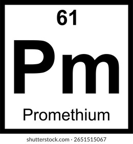 Bloco da tabela periódica de elementos Promethium (Pm). Ícone com número atômico 61. Elemento lantanídeo radioativo utilizado em baterias atômicas.