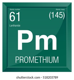 Promethium symbol. Element number 61 of the Periodic Table of the Elements - Chemistry - Square frame with green background