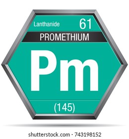 Promethium symbol in the form of a hexagon with a metallic frame. Element number 61 of the Periodic Table of the Elements - Chemistry 
