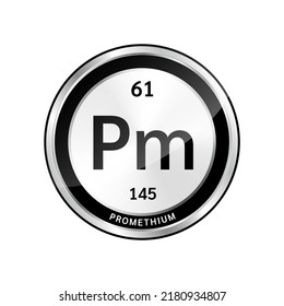 Promethium symbol icon and chemical formulas atomic number scientific element. Periodic table in a silver. Ecology biochemistry concept. Isolated spheres on white background. 3D Vector.