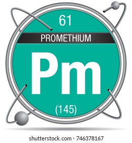 Promethium symbol  inside a metal ring with colored background and spheres orbiting around. Element number 61 of the Periodic Table of the Elements - Chemistry 