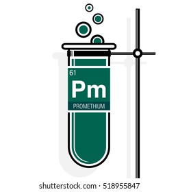 Promethium symbol on label in a green test tube with holder. Element number 61 of the Periodic Table of the Elements - Chemistry 