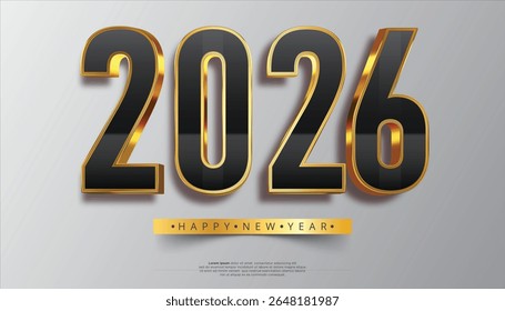 Prominent 3D gold and black numbers '2026' with an elegant 'Happy New Year' ribbon on a light gray background