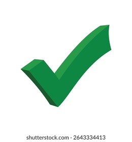 Uma ilustração vetorial 3D proeminente de uma marca de verificação verde, significando aprovação, sucesso, conclusão e correção com um visual moderno e dimensional.