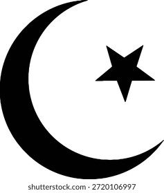 Una prominente luna creciente negra y un símbolo de estrella de cinco puntas sobre un fondo blanco, representando la fe islámica y su significado cultural.