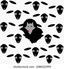 Prominent black sheep. Black sheep in flock. flat vector illustration.