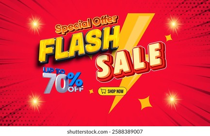 Prominent flash sale advertisement with large text, a dynamic burst background, and vibrant colors, advertising a discount of up to seventy percent for shopping promotions and limited-time offers.