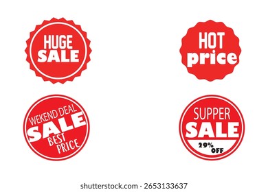 Os distintivos vermelhos proeminentes atraem compradores com ofertas como Hot Price, Huge Sale, Weekend Deal Sale Best Price e Supper Sale 29% Off, em um fundo branco claro.