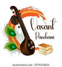 A prominent veena, associated with Saraswati alongside peacock feathers symbolizing her vahana Books represent knowledge Brush strokes in vibrant colors evoke spring Vasant Panchami is written in text