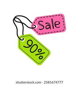 Prominent and Vibrant Sale Tags Featuring an Exciting Announcement of 90 Off, Dont Miss