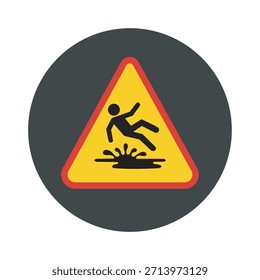 Una señal de advertencia triangular amarilla prominente con un borde rojo presenta un pictograma negro de una persona que cae sobre una salpicadura, lo que indica un peligro de piso húmedo resbaladizo y promueve la conciencia de seguridad.