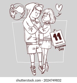 Promise day line art super cute love cheerful romantic valentine couple dating gift for card or banner with doodle hand drawn outline illustration