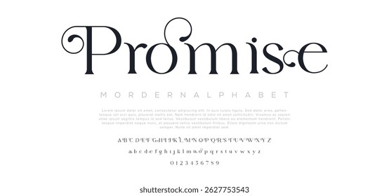 Promise elegant Font Uppercase Lowercase and Number. Classic Lettering Minimal Fashion Designs. Typography modern serif fonts regular decorative vintage concept. vector illustration