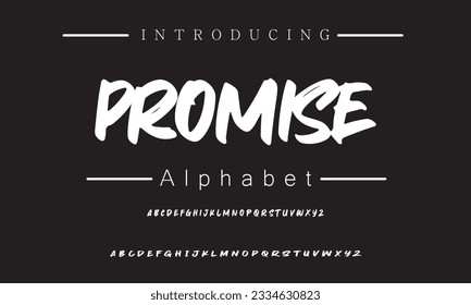 Promise Lettering font isolated on black background. Texture alphabet in street art and graffiti style. Grunge and dirty effect.  Vector brush letters.