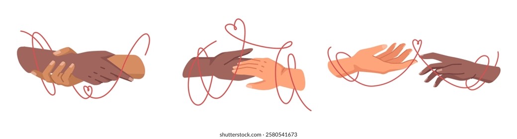 Promise to marry, people tied with red string. Vector couple in love, building connection and devotion. Romantic feelings and emotions, deep affection. Boyfriend and girlfriend on date holding hands