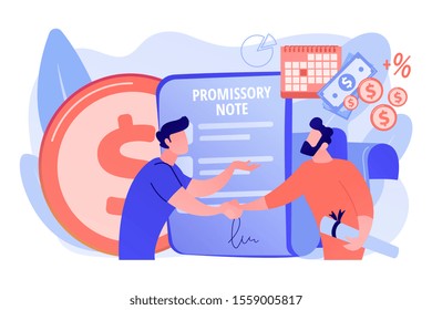 Promise to pay. Money borrowing document. Credit deal, legal contract. Promissory note, commercial paper form, simple loan agreement concept. Pink coral blue vector isolated illustration