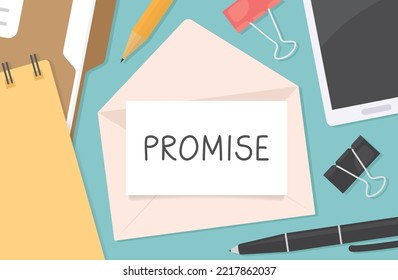 promise word written on a card on open envelope, flat lay composition of office desk with phone, pen, pecil, notebook and office clips- vector illustration