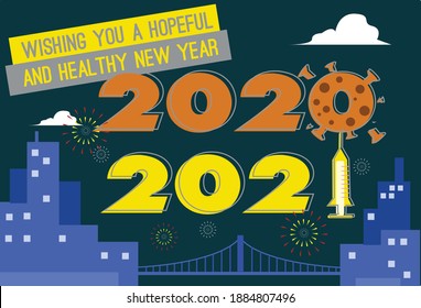 Promising New Year With Vaccine Eradicating Virus Successfully In Year 2021 Concept. Editable Clip Art.