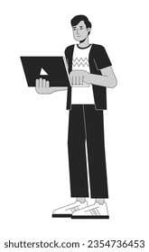 Promising young man holding laptop flat line black white vector character. Editable outline full body hardworking person. Simple cartoon isolated spot illustration for web graphic design