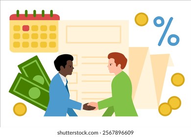 Promissory note. Agreement between men. Vector simple color flat illustration.