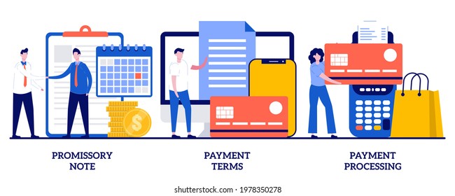 Promissory note, payment terms, payment processing concept with tiny people. Money loan contract, exchange bill, online banking service, cash withdrawal abstract vector illustration set.