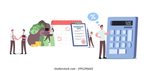 Promissory Note, Simple Loan Agreement Concept with Tiny Characters. Promise to Pay, Money Borrowing Document, Credit Deal, Legal Contract. Commercial Paper Form. Cartoon People Vector Illustration