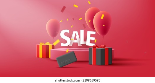 Promo 3d illustration with pedestal with balloons and gift boxes with sale typography