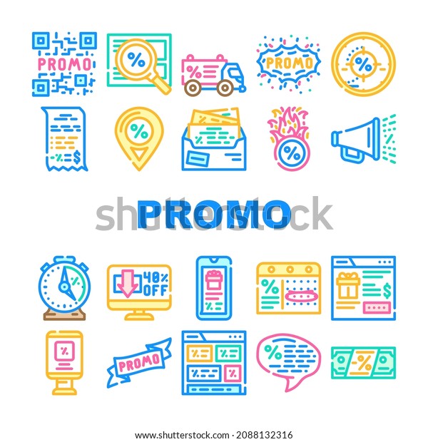 Promo And\
Advertising Coupon Icons Set Vector. Qr Code On Sale Discount And\
Newsletter With Advertise Messenger, Promo Street Banner And\
Promotional Ribbon Line. Color\
Illustrations