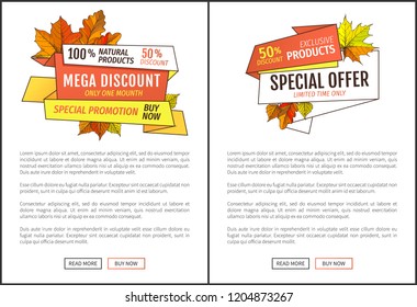 Promo autumn or fall discount half price advertising online web posters foliage orange leaves vector. Limited time buy now super offer autumnal sale