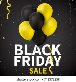 Promo Backdrop for Black Friday Sale. Dark Background with Yellow and Black Balloons for Seasonal Discount Offer. Vector Illustration with Confetti and Serpentine.