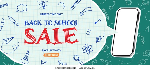 Promo background for Back to school sale. Vector collage with cut out speech bubble and phone with blank display, doodle elements. Retro banner concept for Back to school sale. Discount offer.