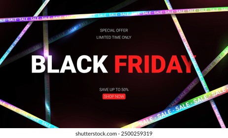 Promo background for Black Friday. Modern banner with symbol of Black Friday with holographic realistic ribbons with lettering sale. Design template for Black Friday sale, advertising, social media