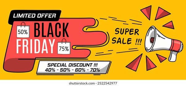 Promo background for Black Friday. Modern banner with symbol of Black Friday with holographic realistic ribbons with lettering sale. Design template for Black Friday sale, advertising, social media
