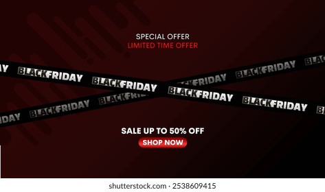 Promo background for Black Friday. Modern banner with symbol of Black Friday with holographic ribbons with lettering sale. Design template for Black Friday sale, advertising, social media