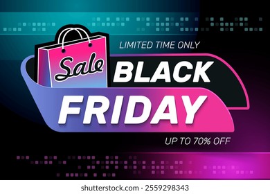 Promo background for Black Friday. Modern banner with symbol of Black Friday with a shopping bag. Exclusive Offer. Design template for Black Friday sale, advertising and social media.
