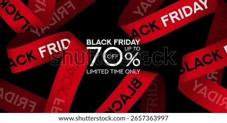 Promo background for Black Friday. Modern banner with symbol of Black Friday with red realistic ribbons with lettering Black Friday. Design template for Black Friday sale, advertising, social media.