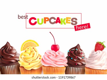 Promo background for cupcakes store. Vector illustration.
