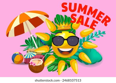 Promo background Summer sale poster Sun cartoon in sunglasses