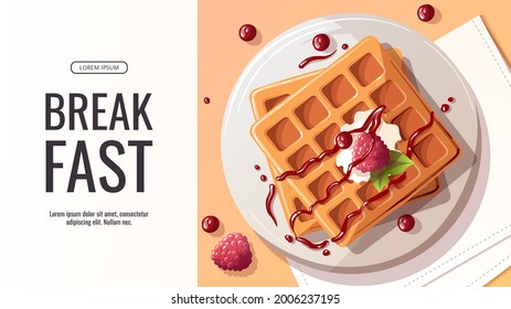 Promo banne with Belgian waffles with berries. Healthy eating, nutrition, cooking, breakfast menu, fresh food, dessert, recipes, pastry. Vector illustration for banner, poster, special offer, menu.