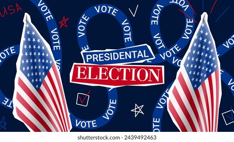 Promo banner for 2024 US presidential election. Vector banner with USA flags and collage items for decoration USA presidential election. Collage for US Election 2024 campaign. Vote day, November 5.