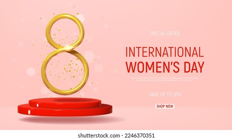 Promo banner for 8 March sale. International Women's Day sale. Elegant vector illustration for 8 March. with realistic 3d golden number 8 and confetti on red soaring podium. 