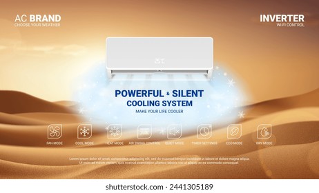 Promo banner of air conditioner. Realistic vector illustration with air conditioner with cooling air in hot desert. Modern split system climate control for home. Product mockup concept.